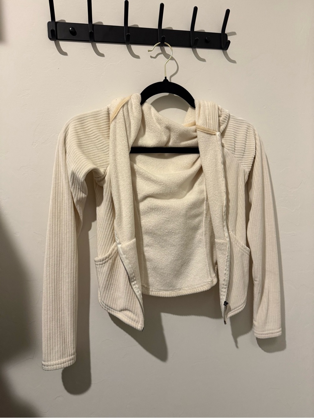 SHEIN Cream Hooded Zip-Up Ribbed Cardigan